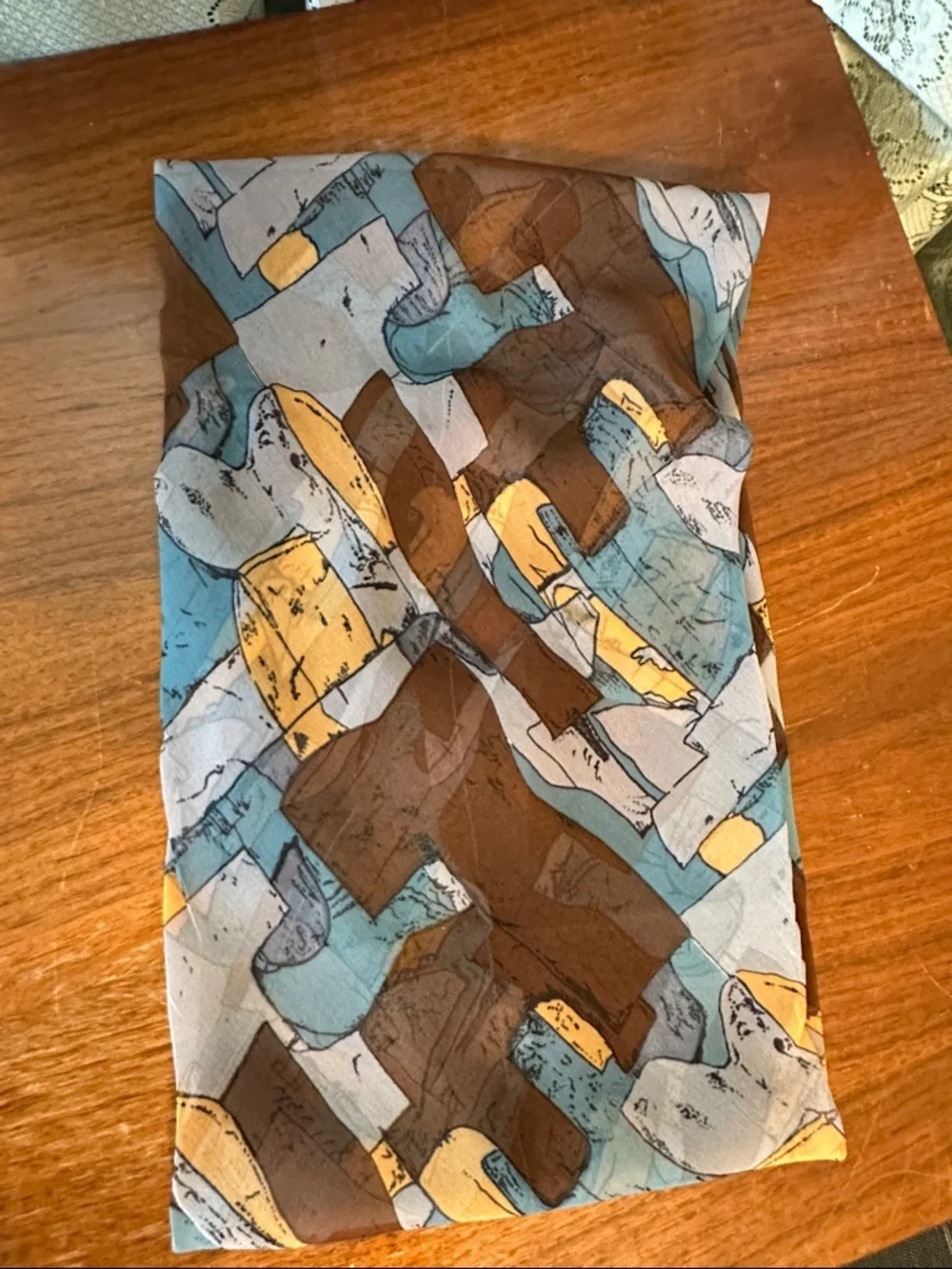 Vtg The Specialty House Blue, Brown,‎ Gold & Gray Abstract Infinity Silk Scarf